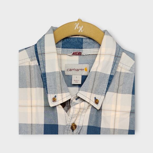 Mens Carhartt Relaxed Fit Short Sleeve Button Down Blue Plaid Size Large - Picture 3 of 4